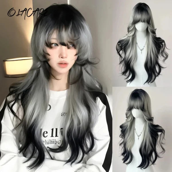 Grey Human Hair Wigs: Long Body Wave Black & Gray Ombre Cosplay