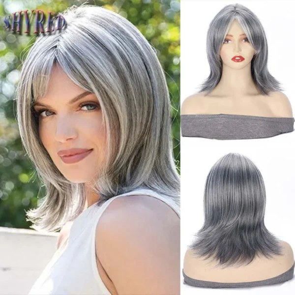 Grey Human Hair Wigs: Long Layered Synthetic Silver Wig with Bangs