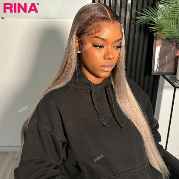 Dark Brown Gray 13X6 Lace Frontal Wig Brazilian Pre Plucked Ombre