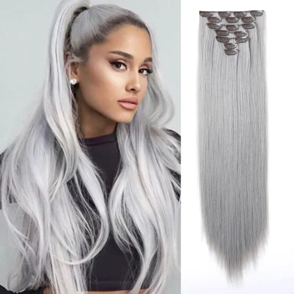 Grey Human Hair Wigs Clip In Long Straight Thick Extensions For Women