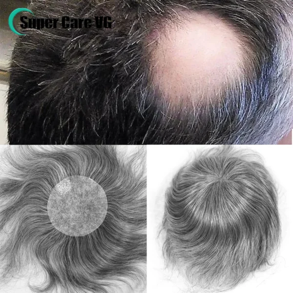 Grey human hair wigs, seamless ultra-thin skin toupee for men