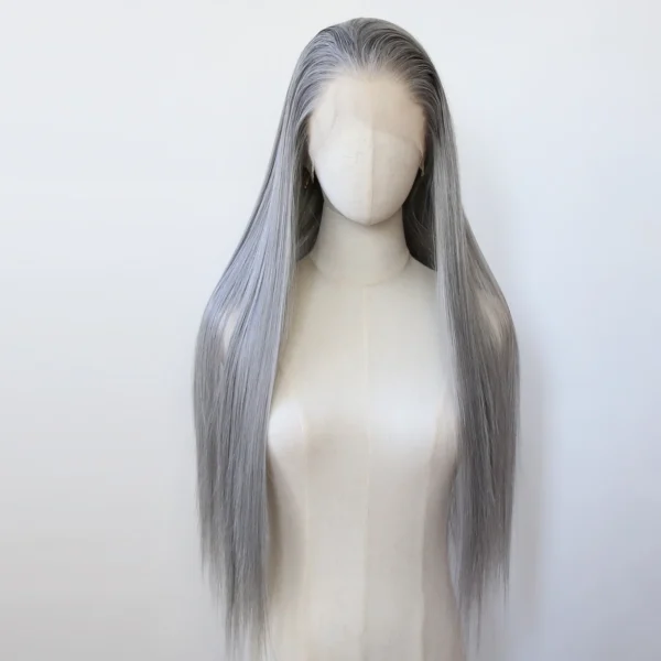 Grey Human Hair Wigs Long Straight Lace Front Pre-Plucked Synthetic