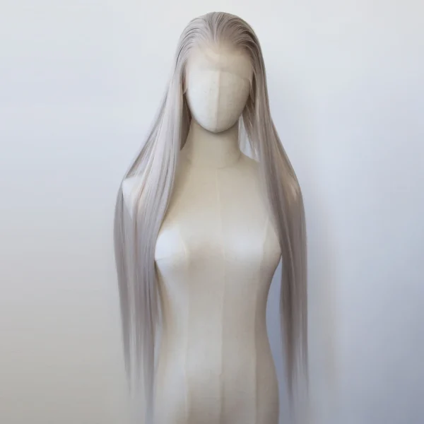 Grey Human Hair Wigs: Light Grey Synthetic Lace Front Long Wig