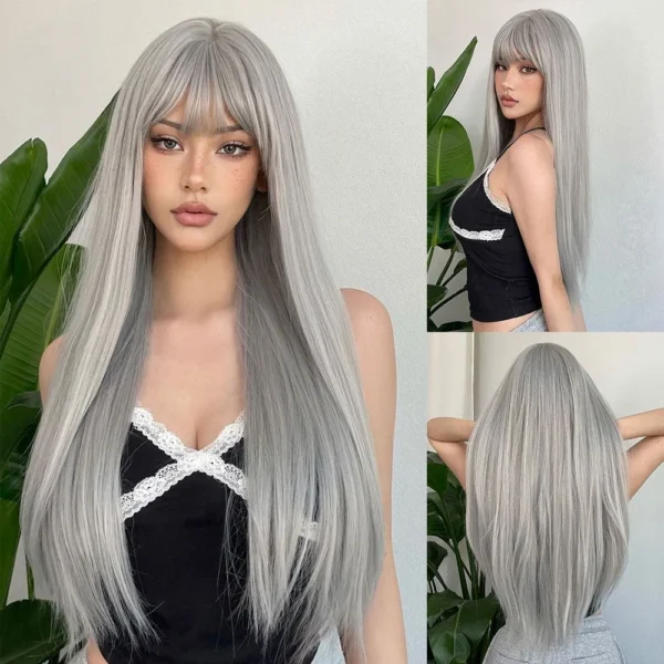 Long straight grey human hair wig with middle part and natural fringe