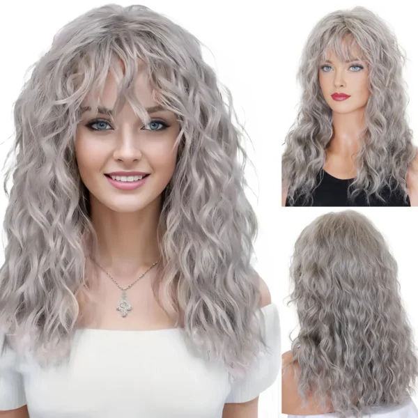 Grey Human Hair Wigs: 20-Inch Curly Wigs with Bangs for Women