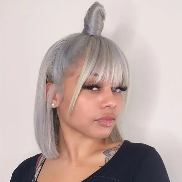 Grey Human Hair Wigs: Straight Bob, Bangs, Full Remy Wig