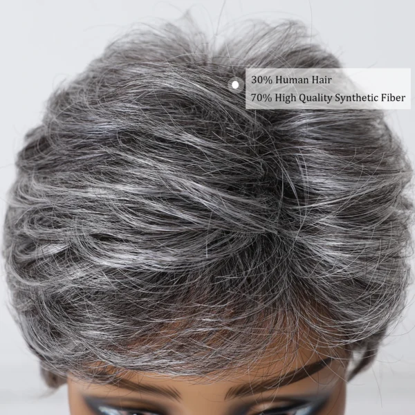 Grey human hair wigs, short straight bob, layered pixie cut for women - Image 3