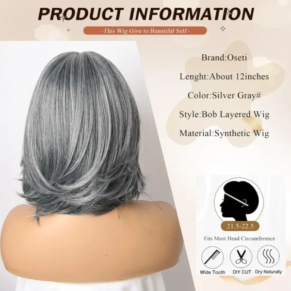 Grey Human Hair Wigs: Silver Ombre Bob with Curtain Bangs and Highlights - Image 3