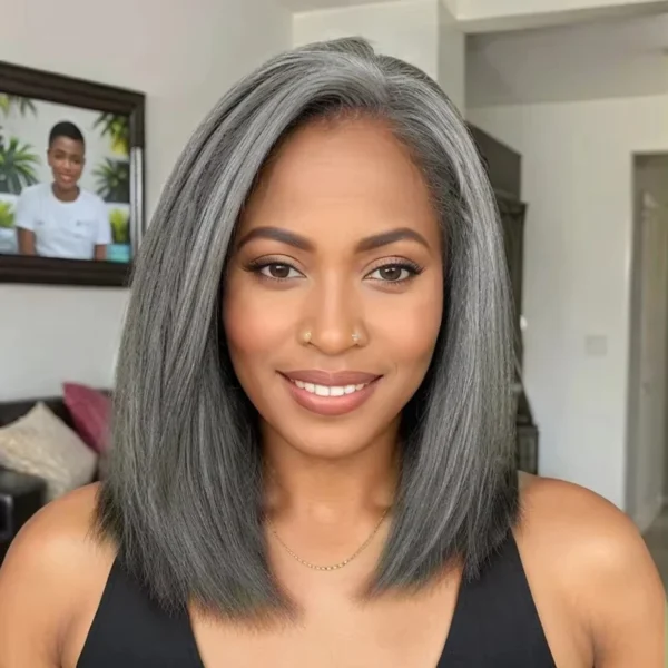 Grey human hair wigs, Poker Face Pepper Grey kinky straight bob