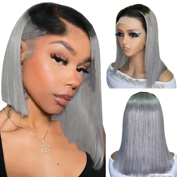 Grey Human Hair Wigs: 13x4 Lace Frontal 12-inch Bob, Brazilian