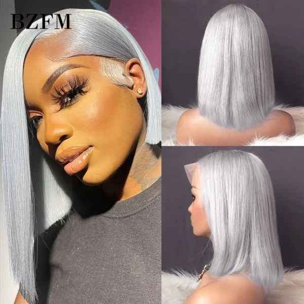 Grey Human Hair Wigs: 10-inch Bob, 180% Density Lace Front Wig