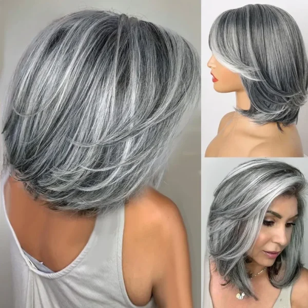 Grey Human Hair Wigs: Silver Ombre Bob with Curtain Bangs and Highlights