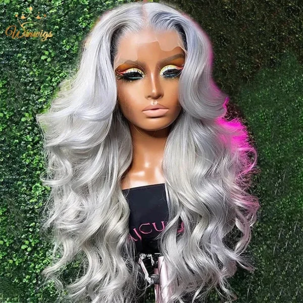 Grey Human Hair Wigs: Platinum Blonde Lace Front Body Wave Sale