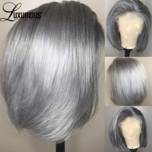 Grey Human Hair Wigs Pixie Cut Short Bob Lace Front Wig 150%