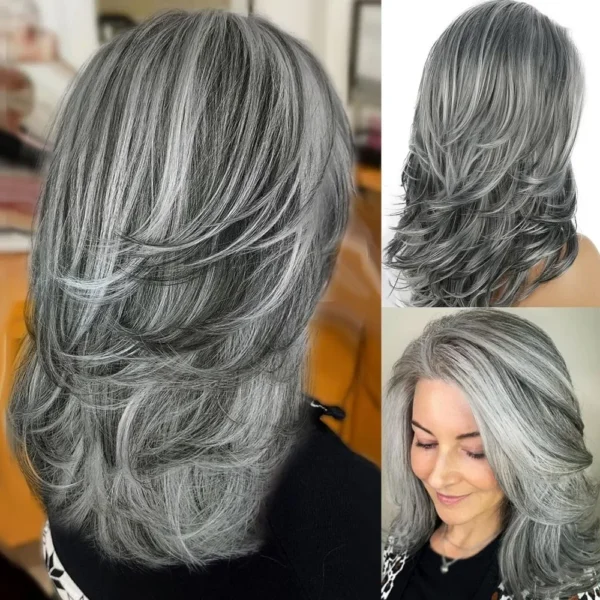 Grey Human Hair Wigs: Silver Ombre Bob with Curtain Bangs and Highlights - Image 11