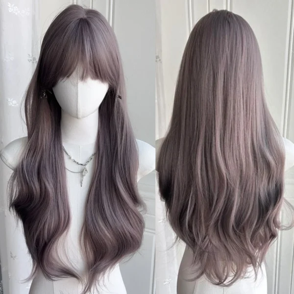 Grey human hair wigs, 24-inch curly wave bangs for daily wear