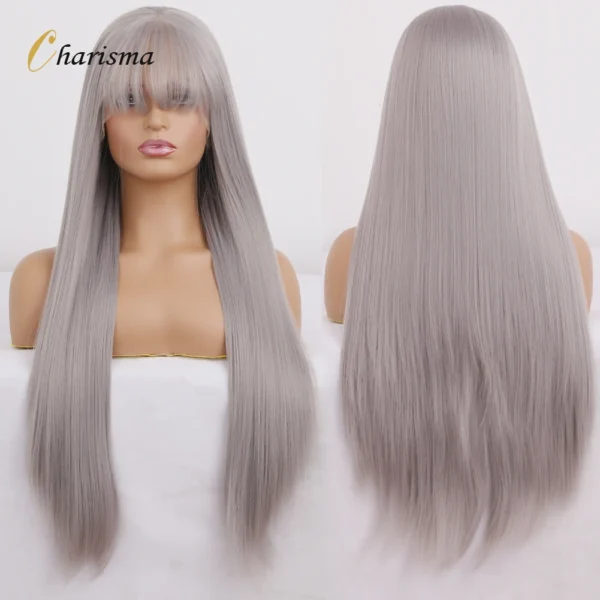 Grey Human Hair Wigs Long Straight Synthetic Lace Front Wig