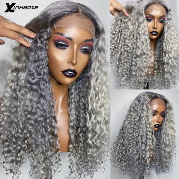 Grey Human Hair Wigs: 13x6 Lace Front Curly Remy Brazilian Wig